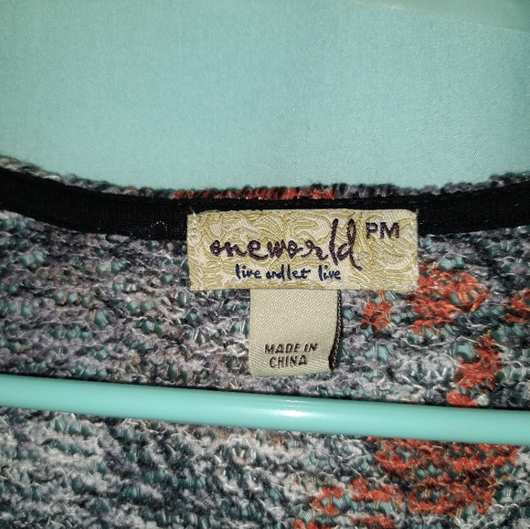 One World PM petite medium gray orange lace knit top blouse tunic - Picture 4 of 6